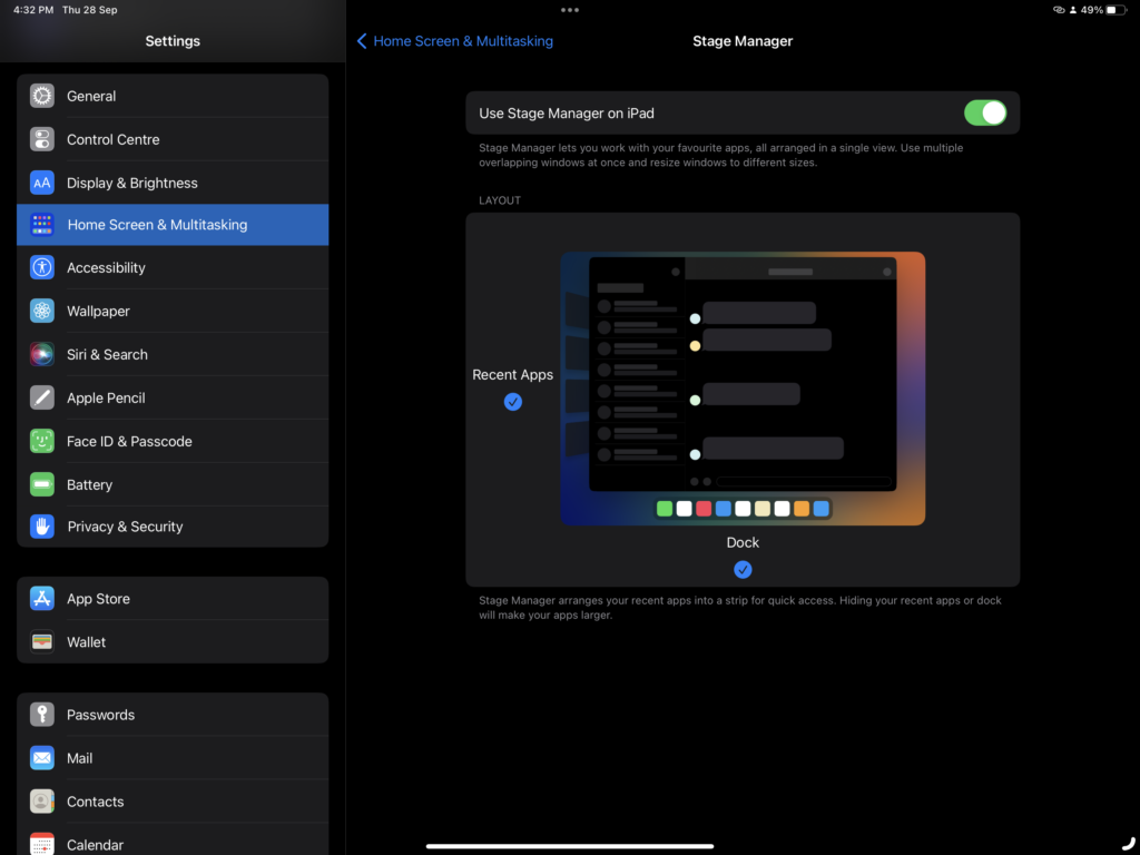 Stage Manager in iPad Settings